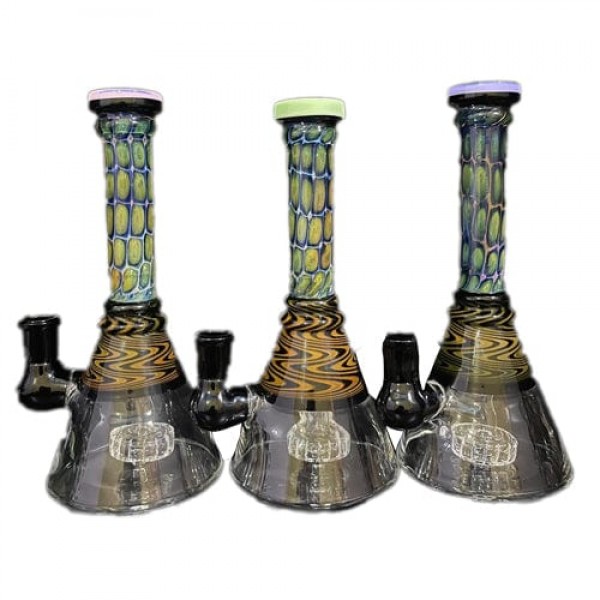 8" Handmade Glass Beaker Bong w/ Fumed & Wig-Wag Accents